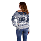 Custom Geelong Navy Off Shoulder Sweater Playful Cat Kicking Ball