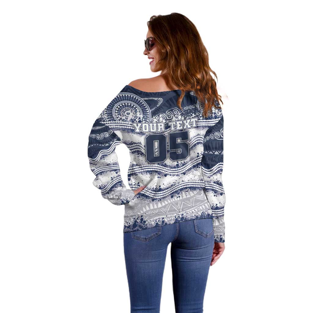 Custom Geelong Navy Off Shoulder Sweater Playful Cat Kicking Ball