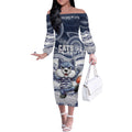 Custom Geelong Navy Off The Shoulder Long Sleeve Dress Playful Cat Kicking Ball