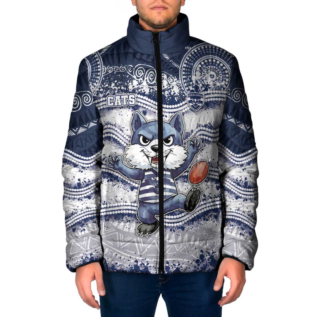 Custom Geelong Navy Padded Jacket Playful Cat Kicking Ball