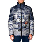Custom Geelong Navy Padded Jacket Playful Cat Kicking Ball
