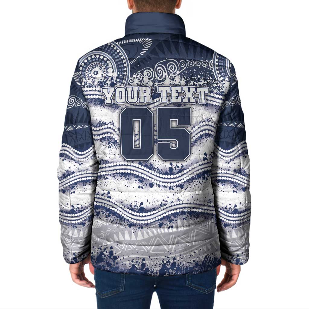 Custom Geelong Navy Padded Jacket Playful Cat Kicking Ball