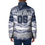 Custom Geelong Navy Padded Jacket Playful Cat Kicking Ball
