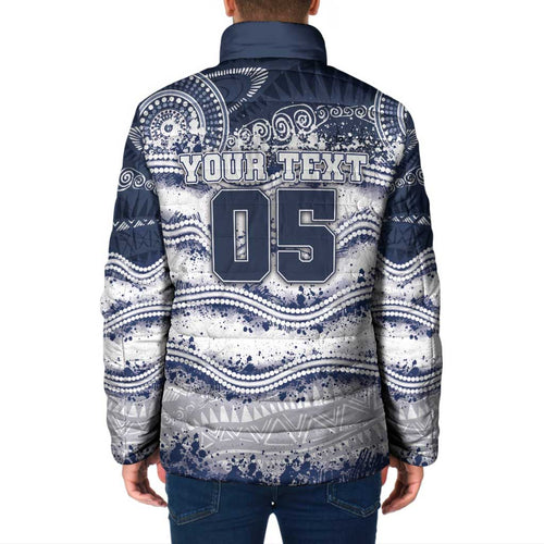 Custom Geelong Navy Padded Jacket Playful Cat Kicking Ball
