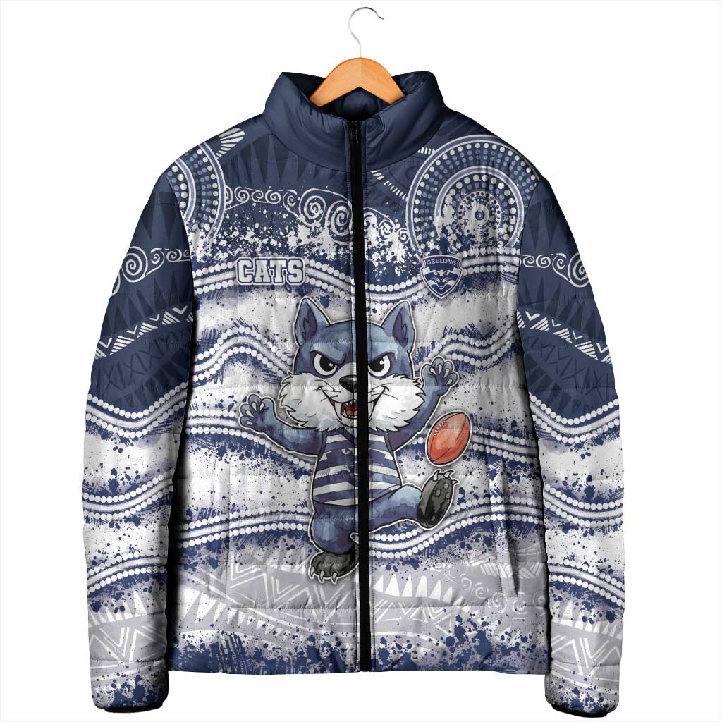 Custom Geelong Navy Padded Jacket Playful Cat Kicking Ball