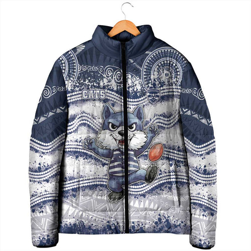 Custom Geelong Navy Padded Jacket Playful Cat Kicking Ball
