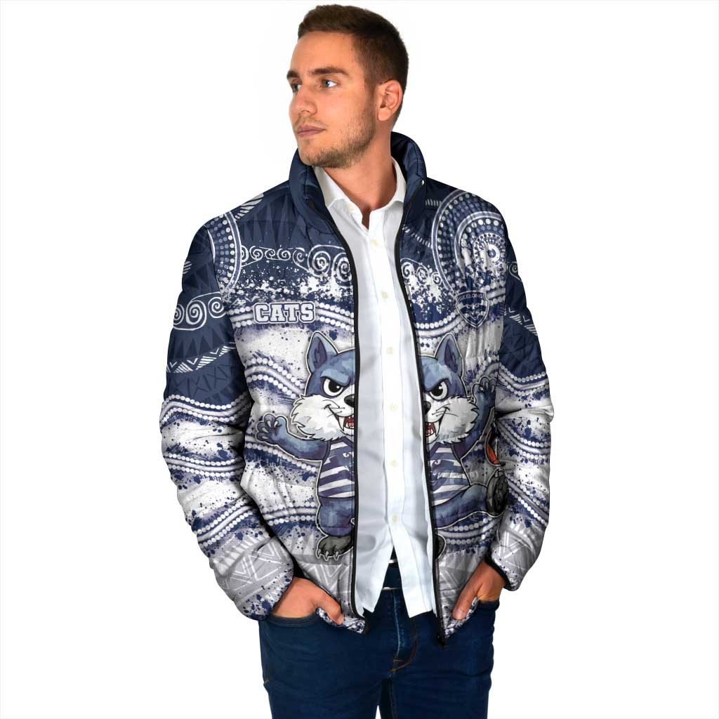 Custom Geelong Navy Padded Jacket Playful Cat Kicking Ball