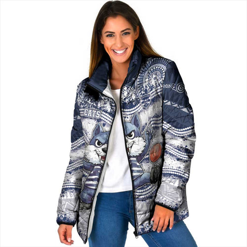 Custom Geelong Navy Padded Jacket Playful Cat Kicking Ball
