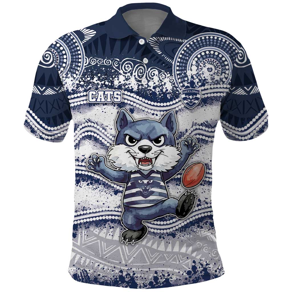 Custom Geelong Navy Polo Shirt Playful Cat Kicking Ball