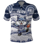 Custom Geelong Navy Polo Shirt Playful Cat Kicking Ball
