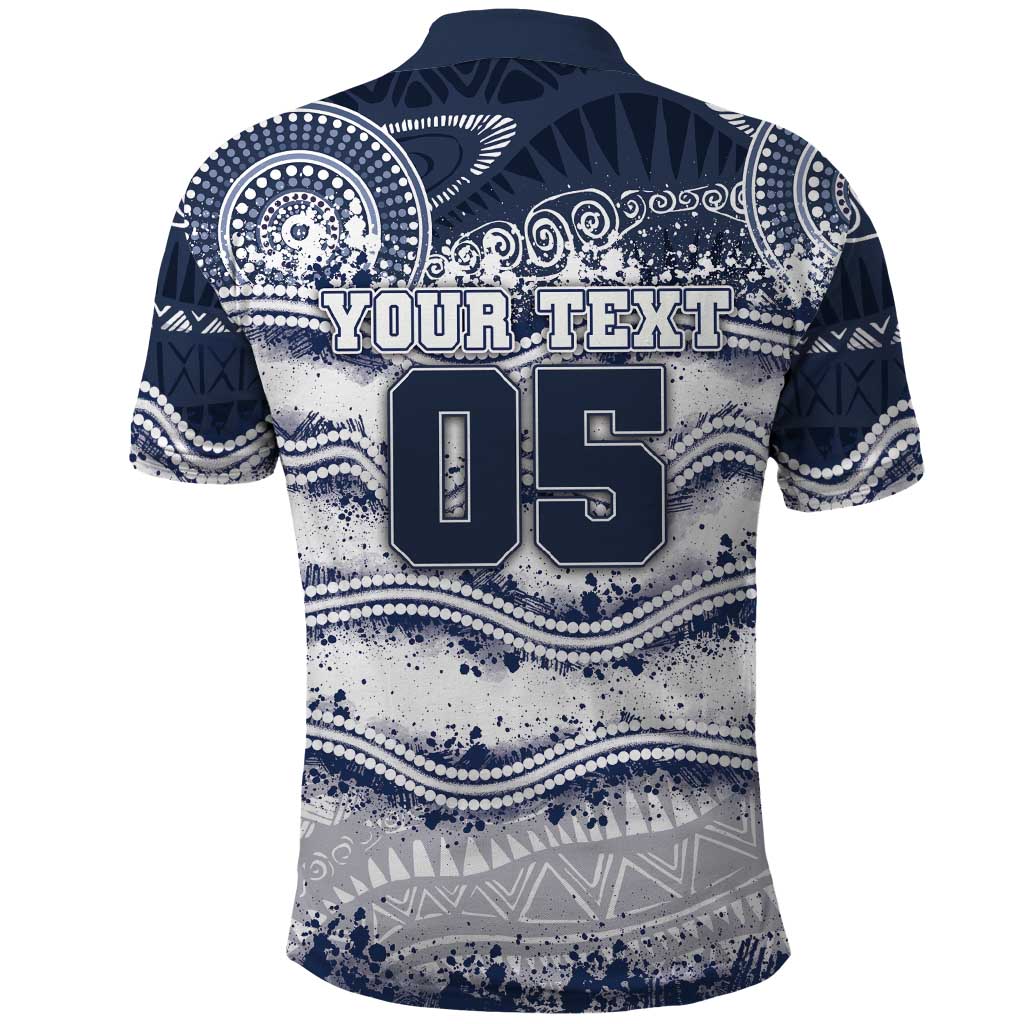 Custom Geelong Navy Polo Shirt Playful Cat Kicking Ball