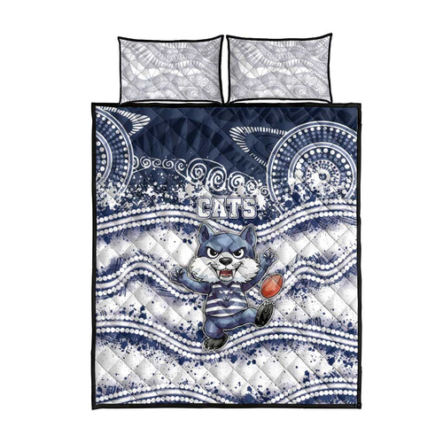 Geelong Navy Quilt Bed Set Playful Cat Kicking Ball