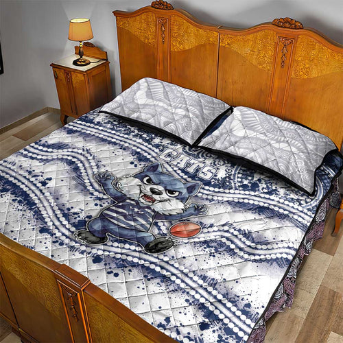 Geelong Navy Quilt Bed Set Playful Cat Kicking Ball