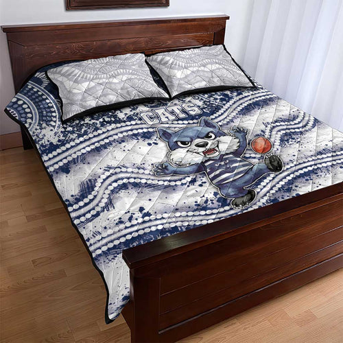 Geelong Navy Quilt Bed Set Playful Cat Kicking Ball