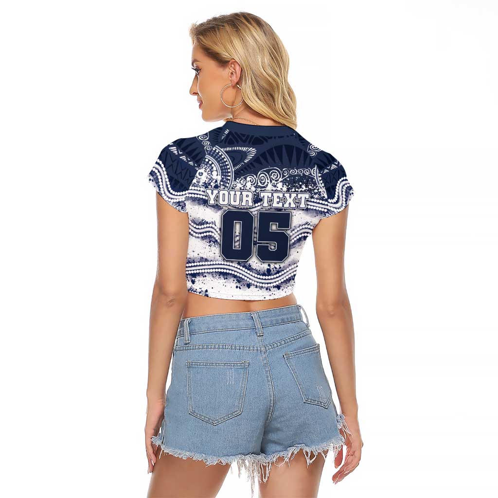 Custom Geelong Navy Raglan Cropped T Shirt Playful Cat Kicking Ball