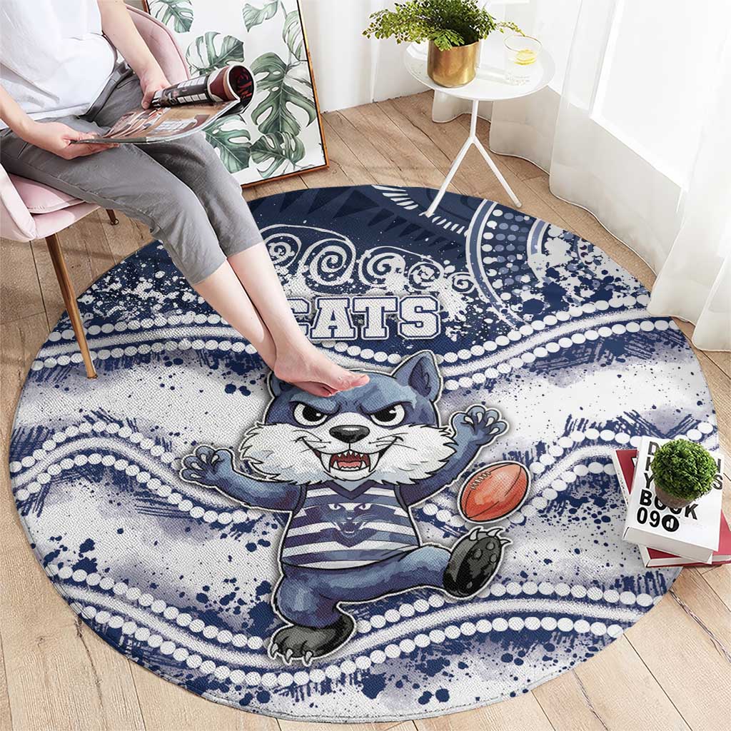 Geelong Navy Round Carpet Playful Cat Kicking Ball