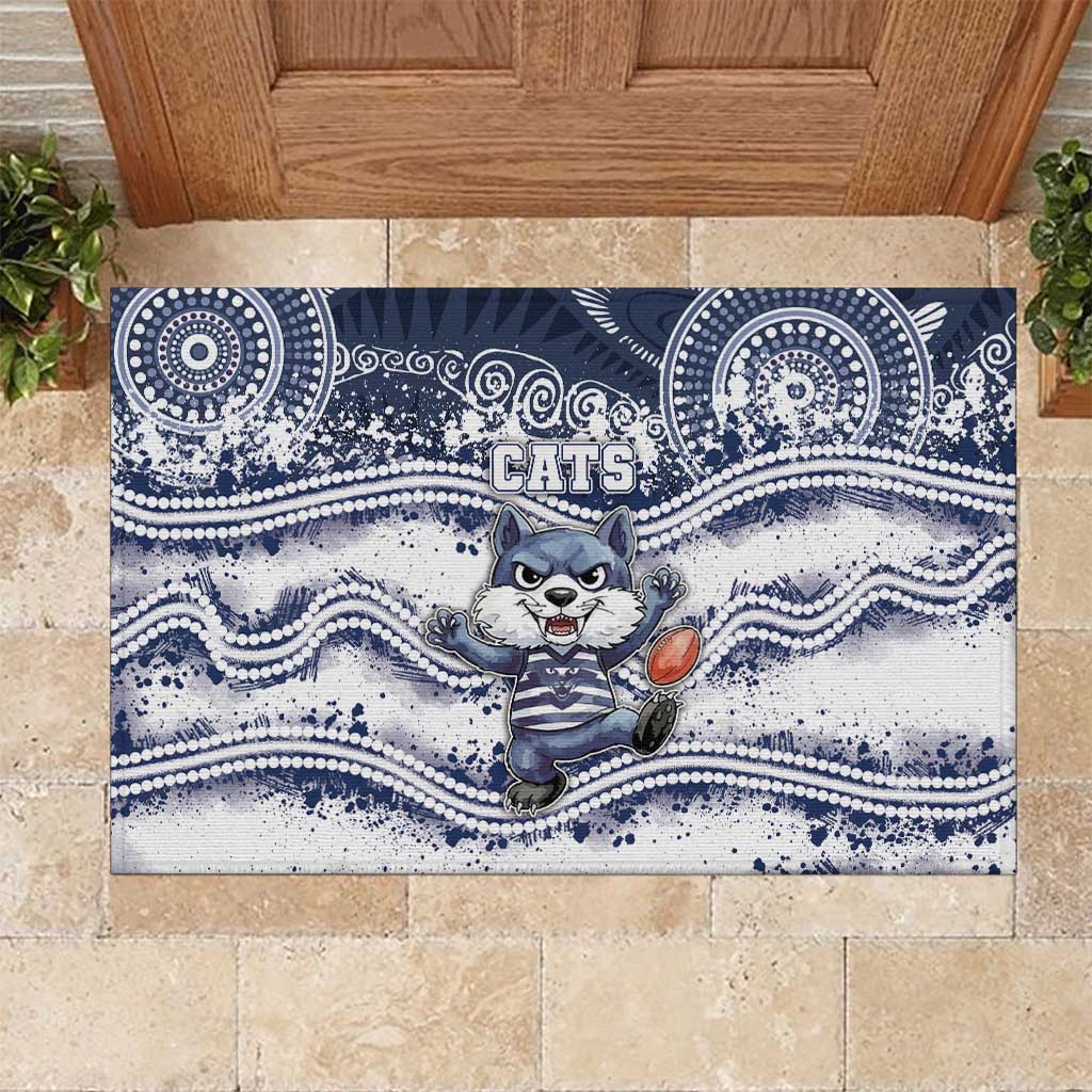 Geelong Navy Rubber Doormat Playful Cat Kicking Ball