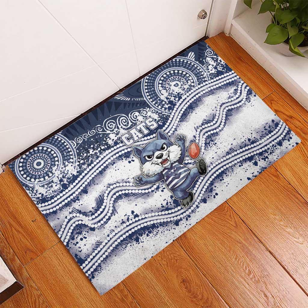 Geelong Navy Rubber Doormat Playful Cat Kicking Ball