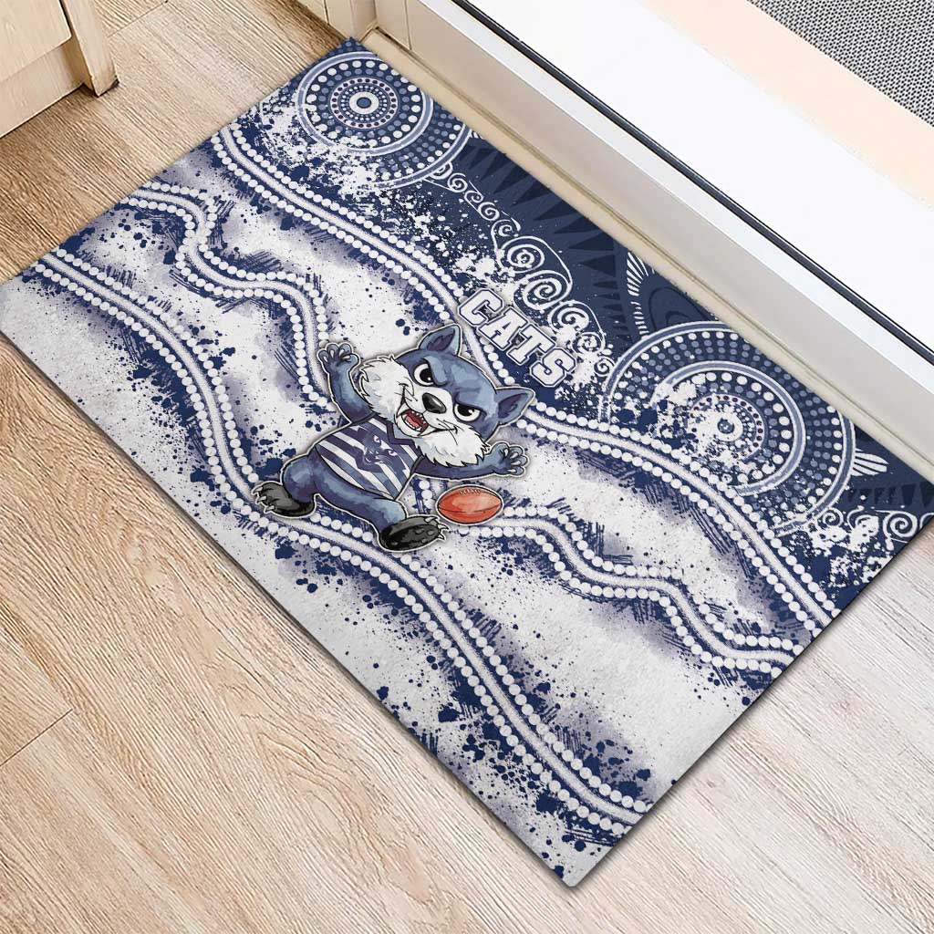 Geelong Navy Rubber Doormat Playful Cat Kicking Ball