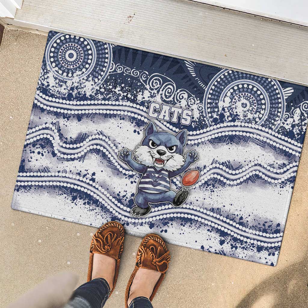 Geelong Navy Rubber Doormat Playful Cat Kicking Ball