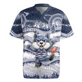 Custom Geelong Navy Rugby Jersey Playful Cat Kicking Ball