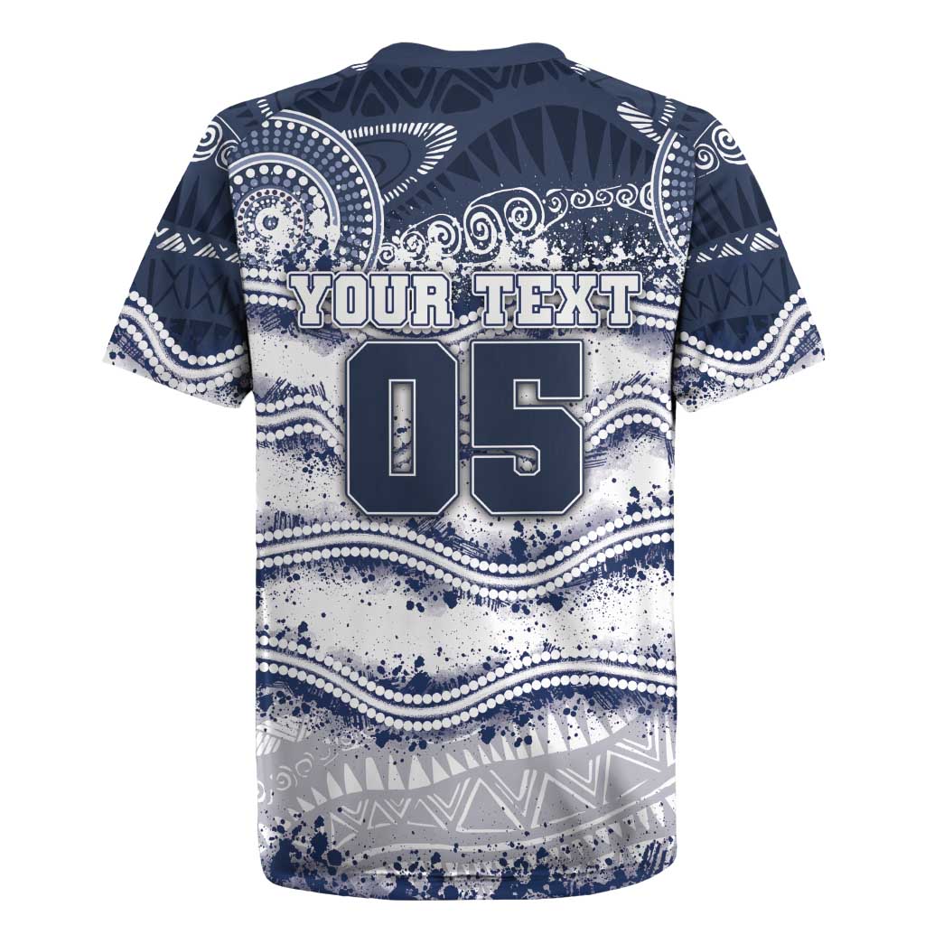 Custom Geelong Navy Rugby Jersey Playful Cat Kicking Ball