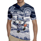 Custom Geelong Navy Rugby Jersey Playful Cat Kicking Ball