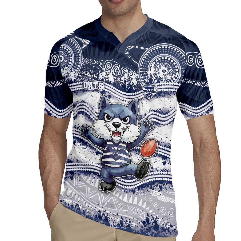 Custom Geelong Navy Rugby Jersey Playful Cat Kicking Ball
