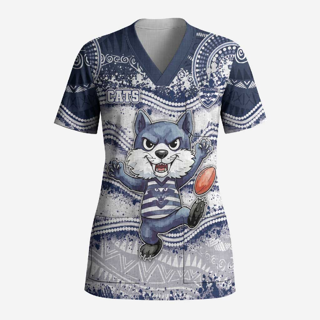 Custom Geelong Navy Scrub Top Playful Cat Kicking Ball