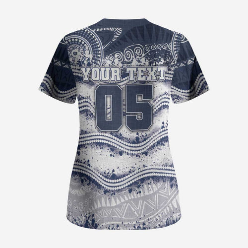 Custom Geelong Navy Scrub Top Playful Cat Kicking Ball