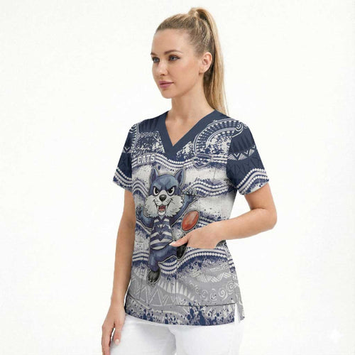 Custom Geelong Navy Scrub Top Playful Cat Kicking Ball