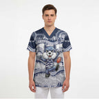 Custom Geelong Navy Scrub Top Playful Cat Kicking Ball