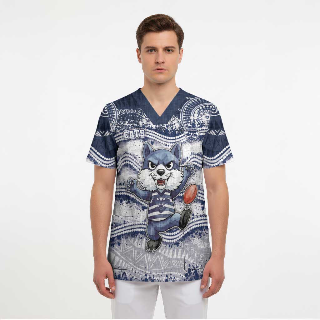 Custom Geelong Navy Scrub Top Playful Cat Kicking Ball