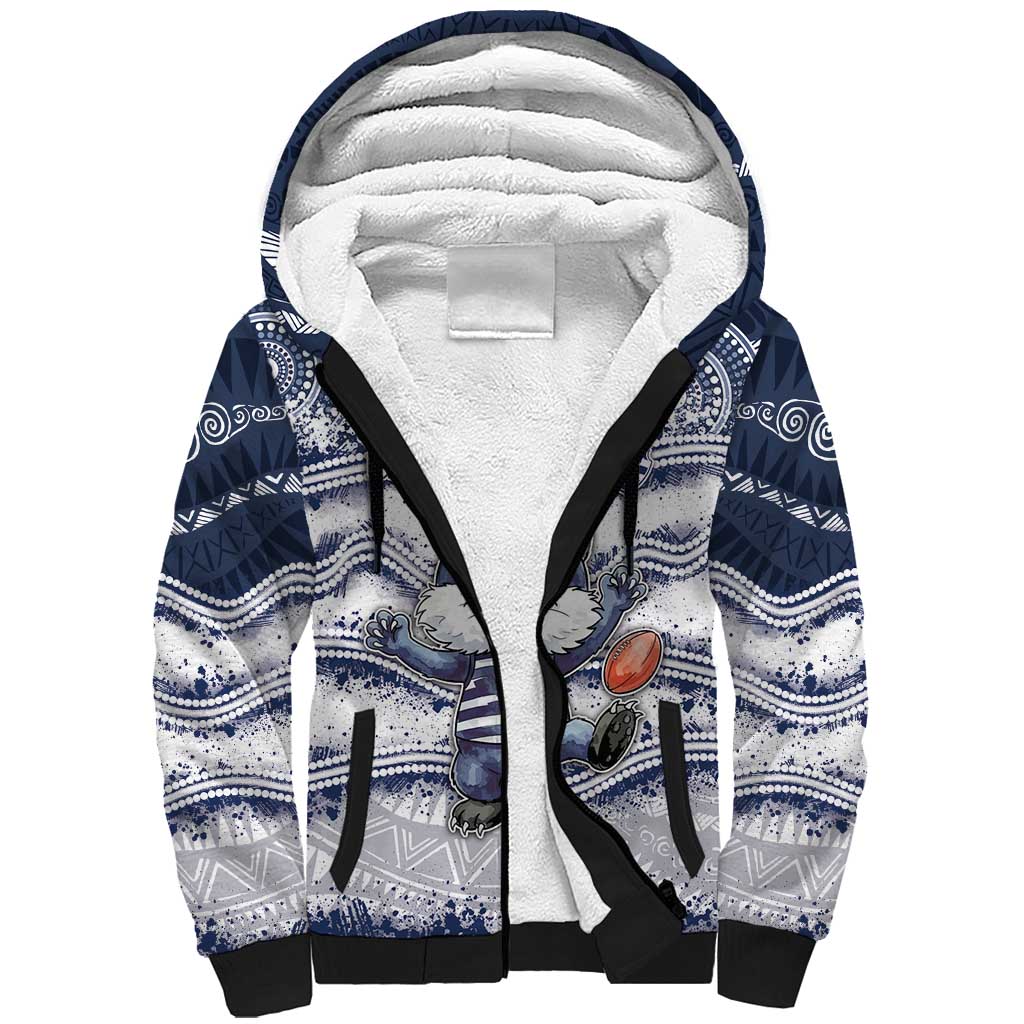 Custom Geelong Navy Sherpa Hoodie Playful Cat Kicking Ball