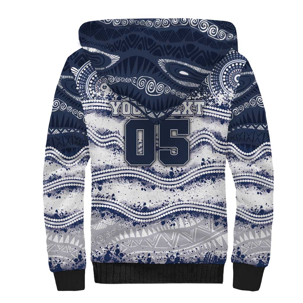 Custom Geelong Navy Sherpa Hoodie Playful Cat Kicking Ball