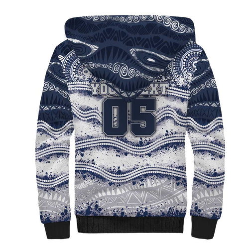 Custom Geelong Navy Sherpa Hoodie Playful Cat Kicking Ball