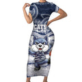 Custom Geelong Navy Short Sleeve Bodycon Dress Playful Cat Kicking Ball