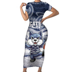 Custom Geelong Navy Short Sleeve Bodycon Dress Playful Cat Kicking Ball