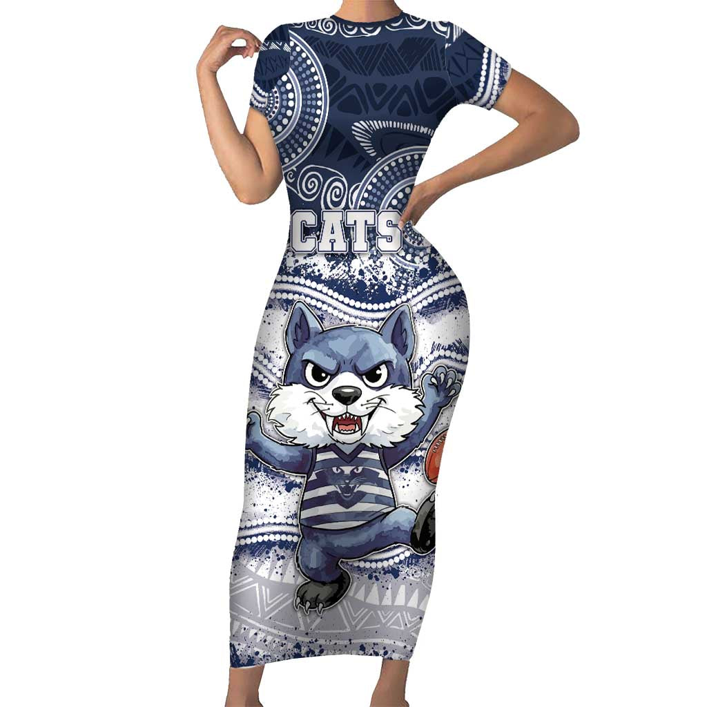 Custom Geelong Navy Short Sleeve Bodycon Dress Playful Cat Kicking Ball
