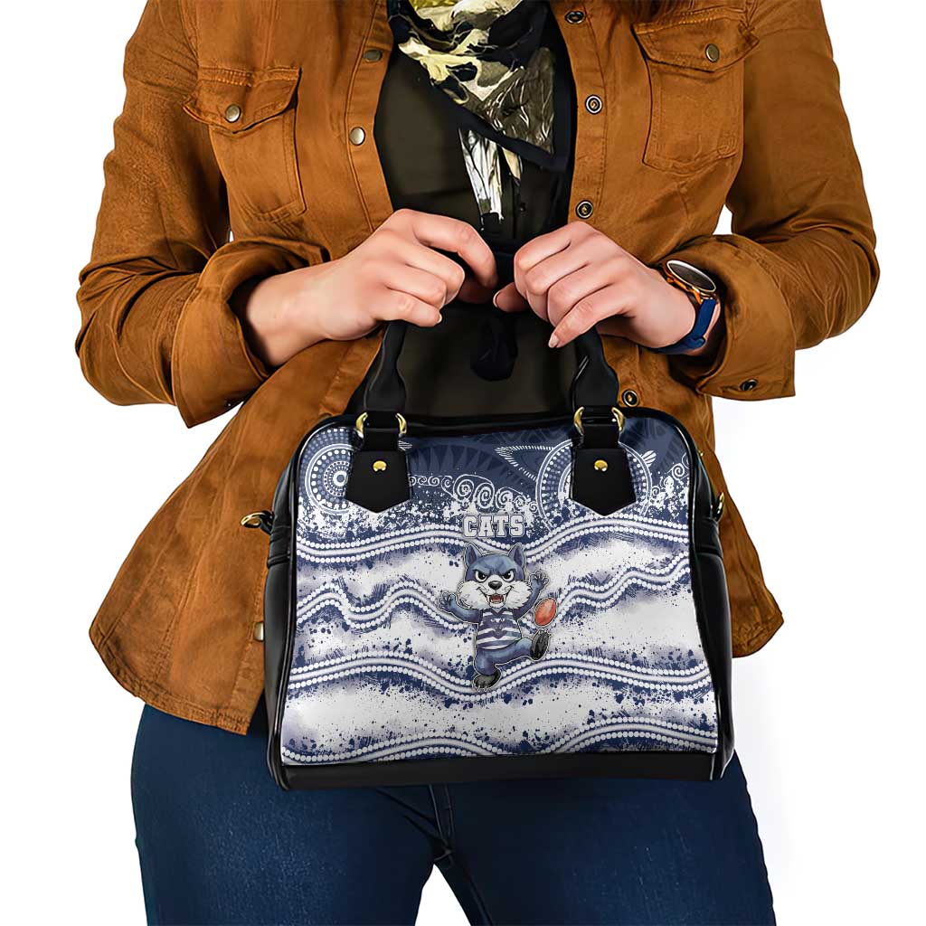 Geelong Navy Shoulder Handbag Playful Cat Kicking Ball