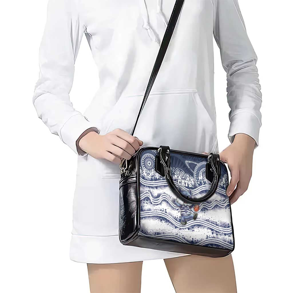 Geelong Navy Shoulder Handbag Playful Cat Kicking Ball