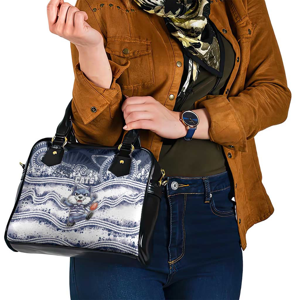 Geelong Navy Shoulder Handbag Playful Cat Kicking Ball
