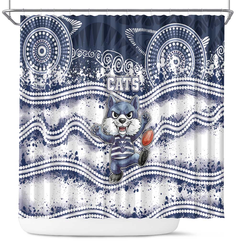 Geelong Navy Shower Curtain Playful Cat Kicking Ball