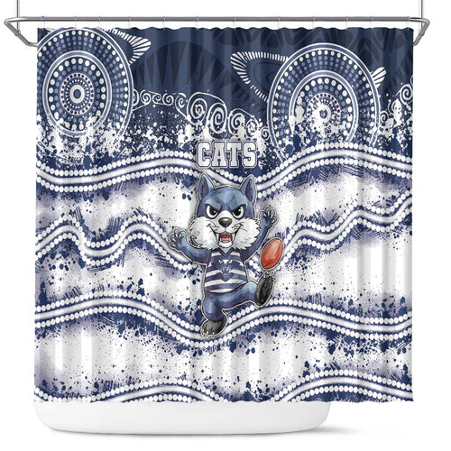 Geelong Navy Shower Curtain Playful Cat Kicking Ball
