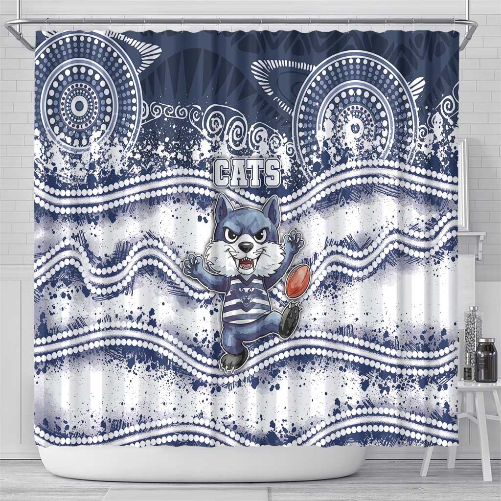 Geelong Navy Shower Curtain Playful Cat Kicking Ball