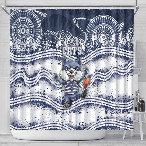 Geelong Navy Shower Curtain Playful Cat Kicking Ball