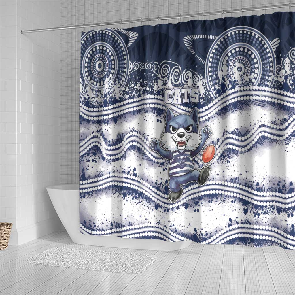 Geelong Navy Shower Curtain Playful Cat Kicking Ball
