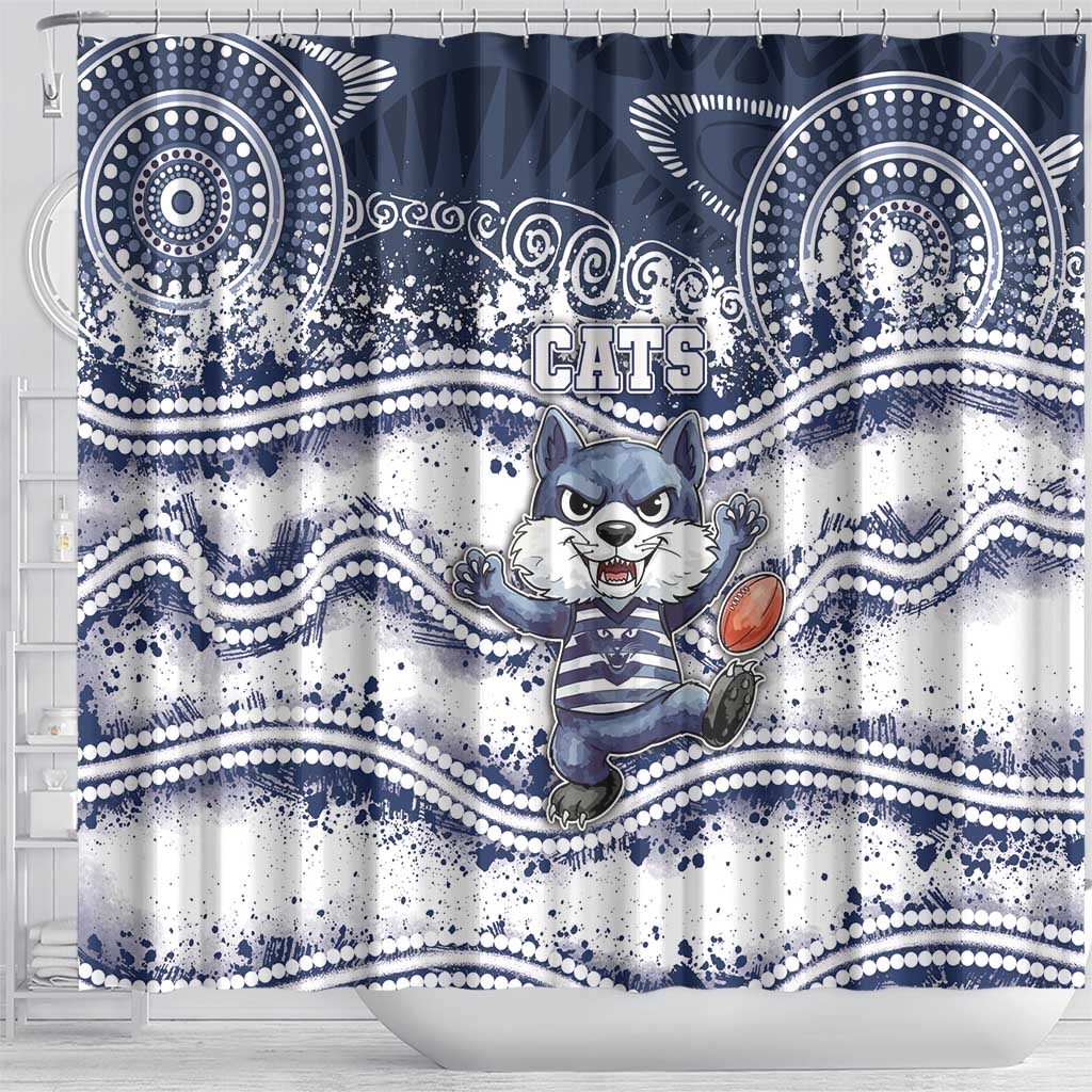 Geelong Navy Shower Curtain Playful Cat Kicking Ball