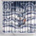 Geelong Navy Shower Curtain Playful Cat Kicking Ball