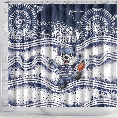 Geelong Navy Shower Curtain Playful Cat Kicking Ball